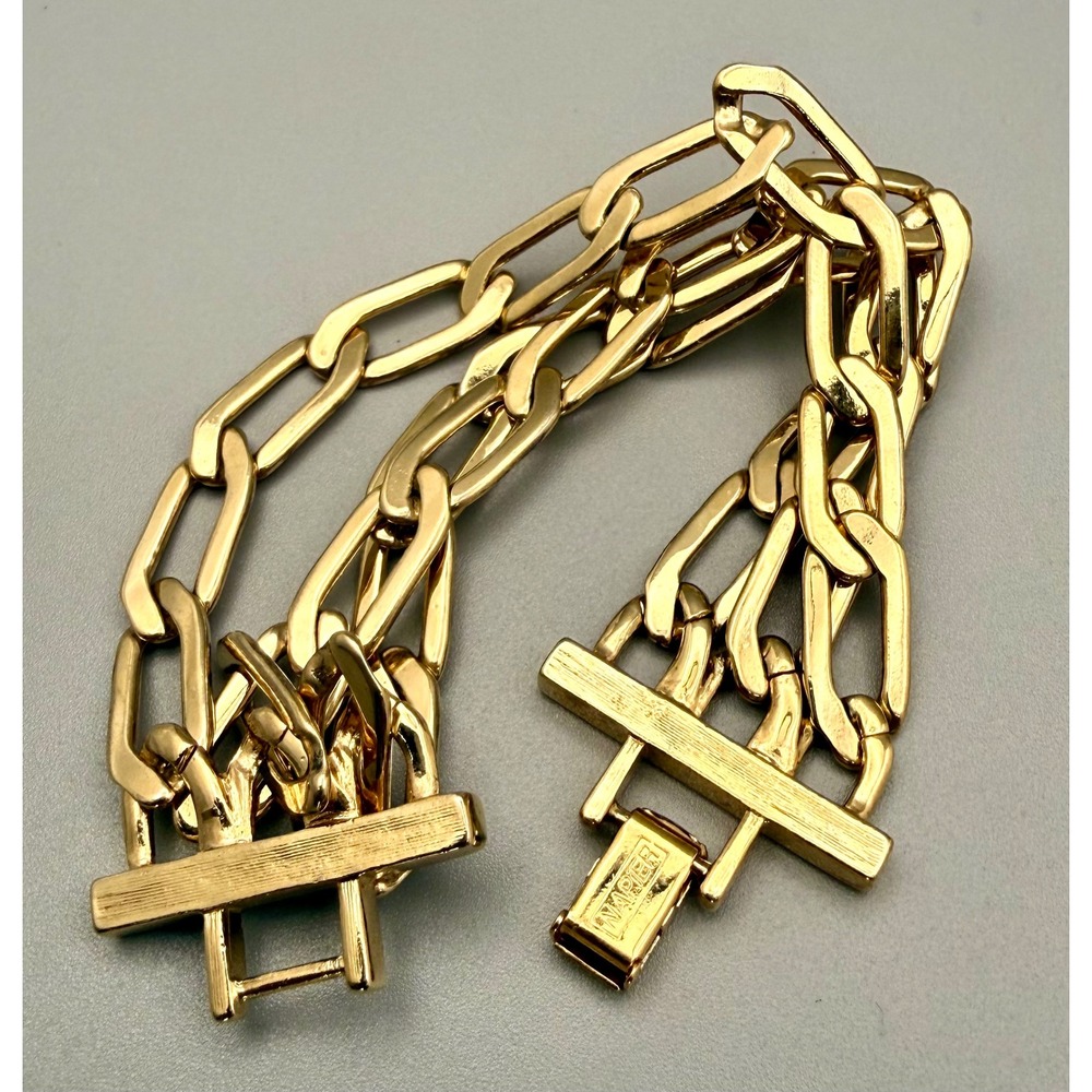Napier Gold Tone Triple Chain Bracelet Toggle Clasp Vintage Statement Bracelet